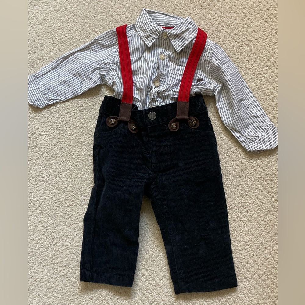 3 piece Carters 6mo black corduroy pants, red suspenders and onesie shirt.